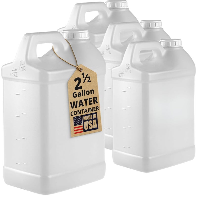 4‑Pack 2.5 Gallon Water Jugs – HDPE Water Containers with Handles & Screw Caps – Heavy-Duty Storage Carboys – Made in USA